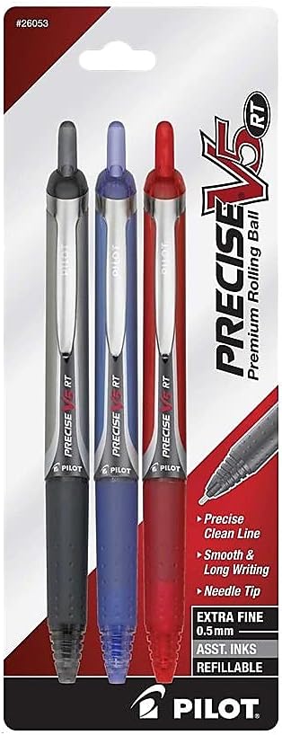 Precise V5 RT Refillable & Retractable Liquid Ink Rolling Ball Pens, Extra Fine Point (0.5mm) Black/Blue/Red Inks, 3-Pack (26053)