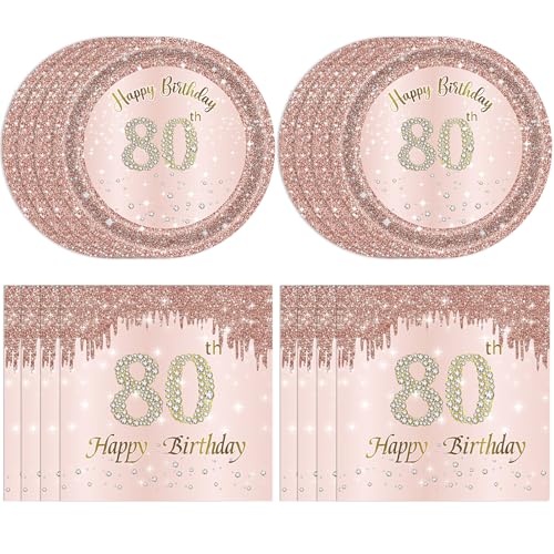 Juhap 80th Birthday Decorations Rose Gold Birthday Party Supplies Include 20Pcs Plates 20Pcs Napkins Sweet Eighty Year Old Party Tableware for Girl Ladies Women