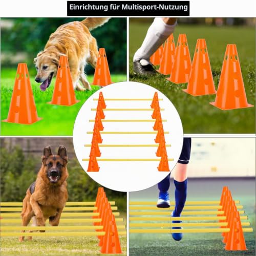 QWORK® Sports Steckhürdenset 12 Kegel + 6 Stangen Agility,23cm Höhe, 100cm Länge, Steckhürdenset für Koordinationstraining