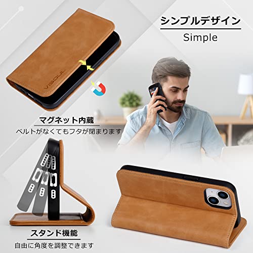 VISOUL iPhone14 ケース 手帳型 本革 カードポケット アイフォン14 ケース 手帳型 本革 レザー スマホケース iPhone 14 手帳ケース カード収納 衝撃吸収TPU素材 携帯ケース 全面保護 マグネット 横置きスタンド iphone 14 対応 6.1インチ キャメル