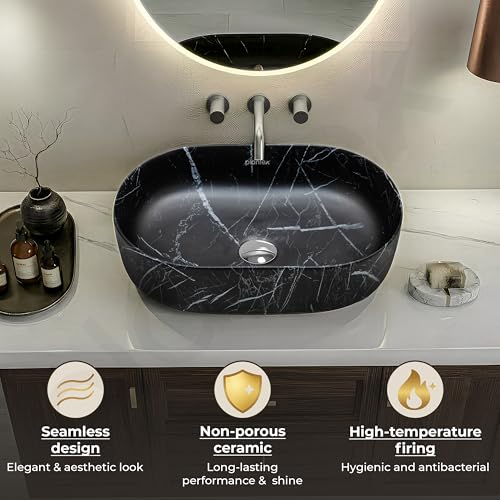 Image of Plantex Ceramic Black Washbasin /Oval Tabletop Hand Wash Basin for Bathroom /Designer Washbasin Sink for Home /Office (22x13.5x6 Inch - Marble Finish)
