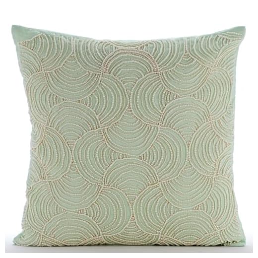 HomeCentric Cushion Cover Sofa, Decorative Pastel Green Euro Sham 26x26 inch (65x65 cm) Linen Euro Size Pillow Cover, French Toile, Abstract, Swirls, Pearl, Victorian Mint Dynasty