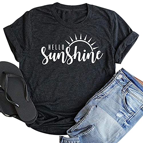 Here Comes The Sun T-Shirt Summer Beach Tee Sunshine Graphic Print Vacation Shirt Top for Women (Dark Gray, X-Large, x_l)
