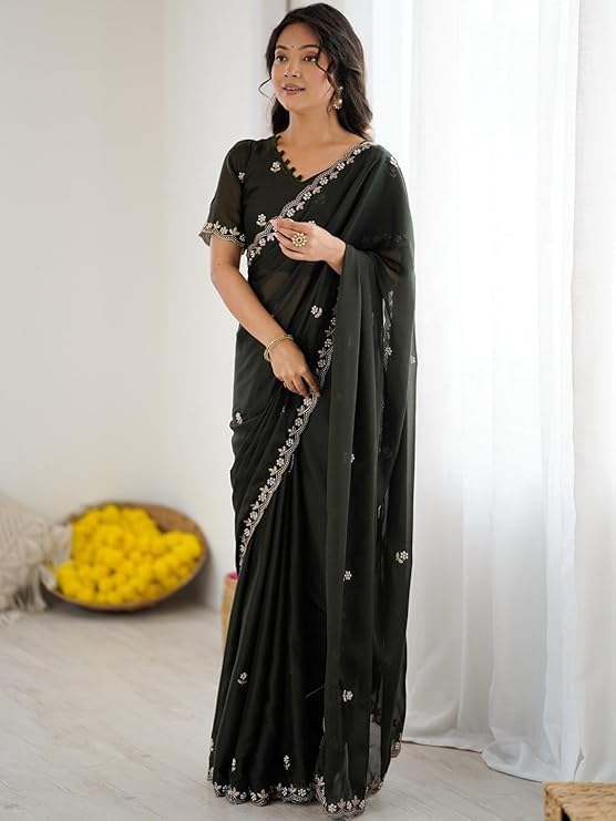 Image of Star Georgette Saree with Sequin Embroidery Work and Embroidered Blouse (Star-104)