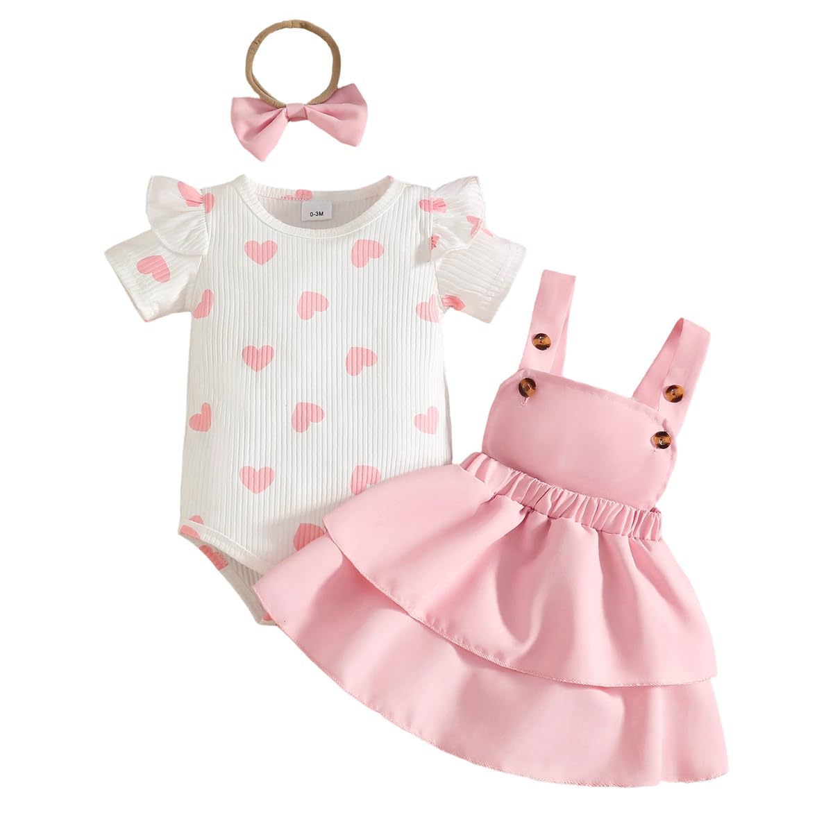 Ensemble Bébé Fille d'été Haut à Manches Courtes Imprimé Mignon+ Salopette à Bretelles Jupe + Bandeau 3 pièces Nouveau-né Vêtements Set 0-18 Mois
