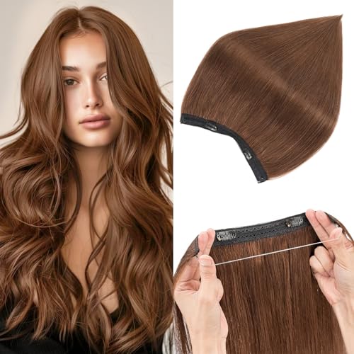 Prokyvity Wire Hair Extensions Real Human Hair,Wire Hair Extension 100% Human Hair,Clip in Extensions,Thicker Medium Brown 14inch/70g
