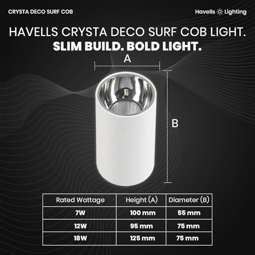 Image of Havells Crysta Deco Surf Cob 12W 6K Chrome W,Led-Spotlights,Energy Efficient,Long Life of 25000 Burning Hours,Beam Angle of 36,Metal Body Cob with Integrated Driver,Cool Daylight (6500K)