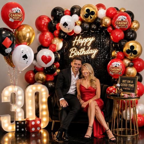 Image of HILAVO Casino Balloons 12 Inch Dice Poker Casino Theme Balloons Red Black Gold Poker Latex Party Balloon for Game Night Las Vegas Themed Birthday Party Decoration