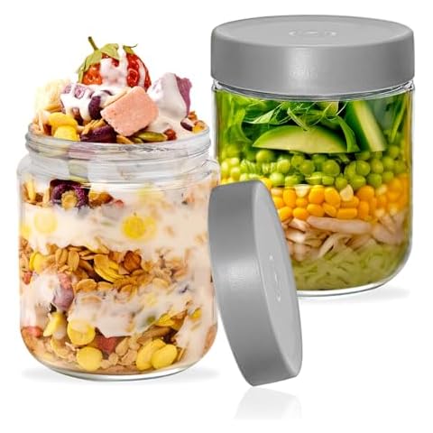 PFUM Convenient Canning Jars Set: 18 oz Glass Overnight Oats Containers 2Pack- Airtight Lids, Mason Jars for Oatmeal, Seed Pudding, Snacks Glass Food Storage Containers (2 grey) Cover