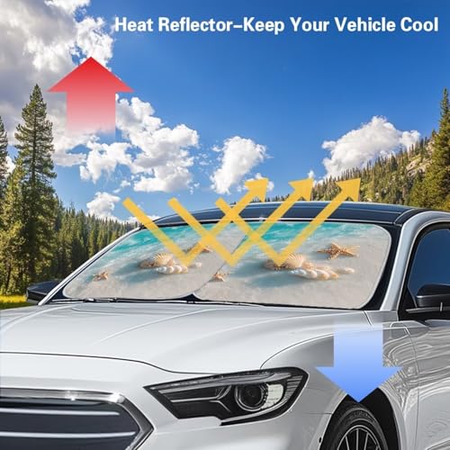 Image of Car Front Windshield Sun Shade 2 Pcs Beach Shells Starfish Sunshade for Car Windshield Foldable Car Accessories Universal for Most Cars Women Men, Blocks UV Rays