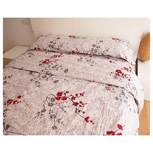 HTE Juego de Funda Nórdica para Edredón, Cama 150 de 3 Piezas - 1 Funda Nórdica 220x240cm + 1 Sábana Bajera 150x200cm + 1 Funda Almohada 45x170cm (Cama 150, Flor Rojo)