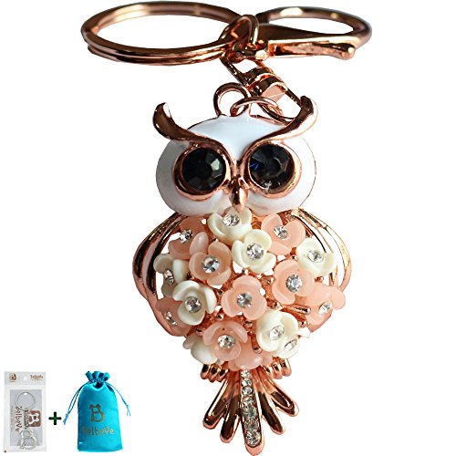 Bolbove Flower Owl Keychain Sparkling Keyring Blingbling Crystal Rhinestones Purse Pendant Handbag Charm (Pink)