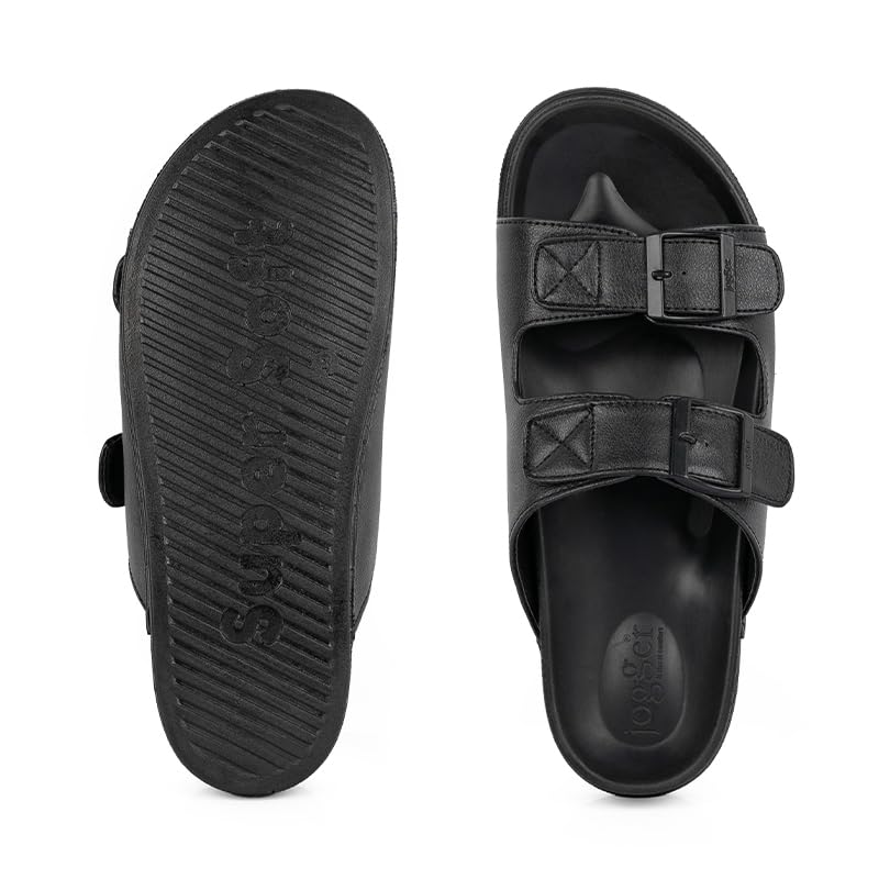 Image of Jogger Men's Casual Double Strap Buckle Slipper | Comfortable Slide Sandal (Black, UK Footwear Size System, Adult, Men, Numeric, Medium, 6)