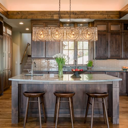 Image of 4-Lights Rectangle Crystal Chandelier for Dining Room, 42.12 inch Vintage Bronze Finish Large Chandeliers for High Ceilings, Flush Mount Pendant Light for Living Room Kitchen Island Bar
