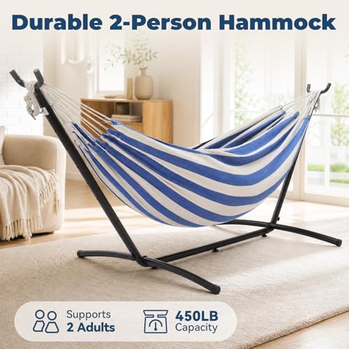 Hammock with Stand, Ohuhu Double Hammock with Space Saving Steel Stand & Pillow 2 Person Hammocks with Portable Carrying Bag for Camping Garden Patio Indoor Use Gift for Birthday, Blue & White by Ohuhu - Image 5