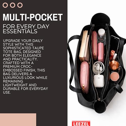 Image of LEEZEL Women's Structured Tote Bag - Large Capacity Work & Travel Purse Croco Pattern Vegan Leather Stylish Tote Bag Classic Everyday Shoulder Bag