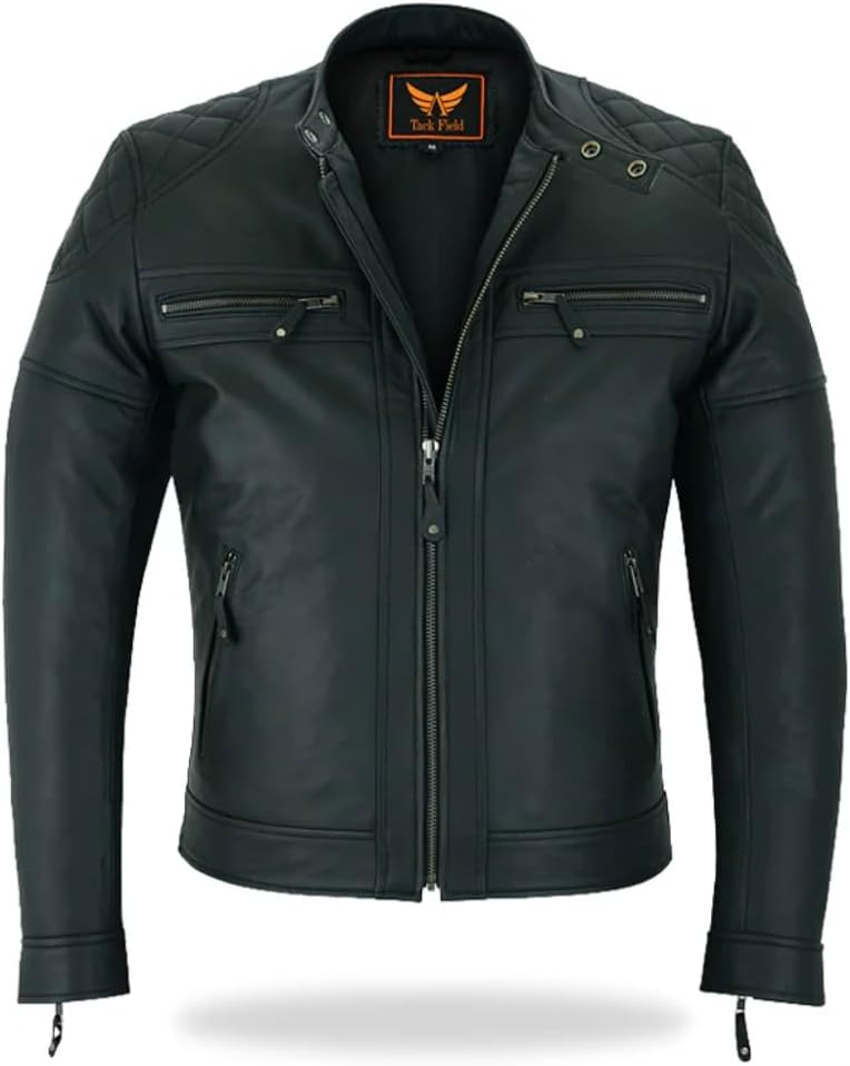 Mens Motorcycle Premium Hand Quilted Cow Aniline Leather Cafe racer Biker Jacket - Image 3