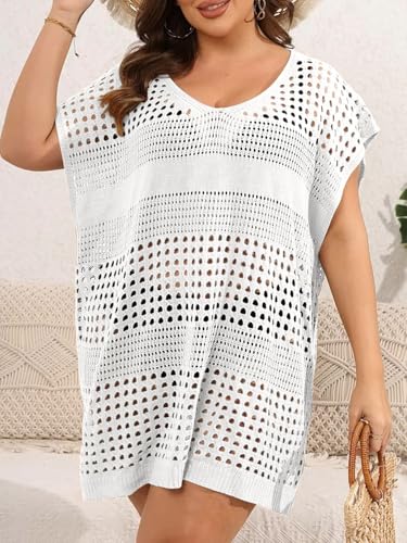 Women's Plus Size Crochet Cover Ups Swimwear V Neck Hollow Out Beachwear Tops3