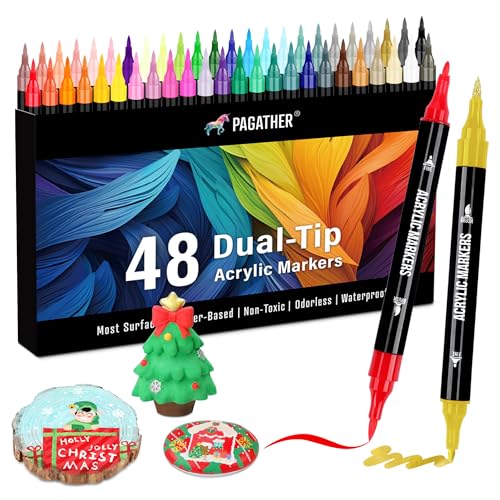 48 Colors Acrylic Paint Markers, Dual Tip with Fine Tip and Brush Tip Pens for Stone, Wood, Calligraphy, Canvas, Ceramic, Metal, Glass, Rock Painting, DIY Crafts