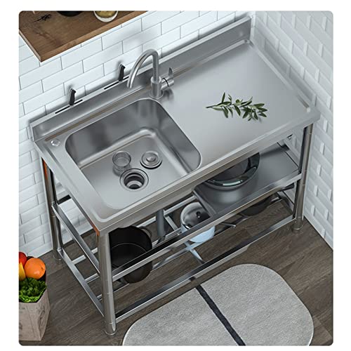 Utility Sink Workbench Stainless-Steel Outdoor Free Standing Prep Sink Kit Single Bowl Commercial Restaurant Kitchen Wash Basin Washing With Faucet,Storage Shelf For Laundry Room,Backyard,Garage,Shop #TOP4