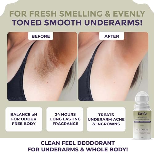 Image of Sanfe Underarm Lightening Roll On (Oudh) with 5% AHA, Glycolic Acid & Salicylic acid 0.5% W /W | For Underarms | Lightens & Remove Pigmentation | Deodorant for Underarms | Glycoclear Technology | Men & Women