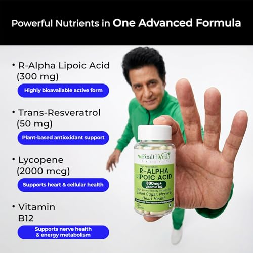 Image of Health Veda Organics R-Alpha Lipoic Acid 300 mg with Vitamin B12, Trans-Resveratrol & Lycopene | High Absorption ALA for Blood Sugar, Nerve & Heart Health Support | 60 Veg Capsules