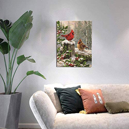 Canvas Wall Decor Art Painting Print, Winter Snow Birds Holly Berry Home Decoration Artwork Framed Picture Ready To Hang 12X16 Inch #TOP4