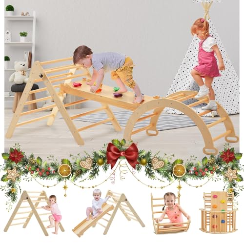 FUNLIO Foldable Pikler Triangle Set, Montessori Climbing Set with Solid Wood for Toddlers 2-5 yrs, Adjustable 5-in-1 Indoor Play Gym with Arch/Slide/Climbing Rock/Triangle, Easy to Install-Medium Size