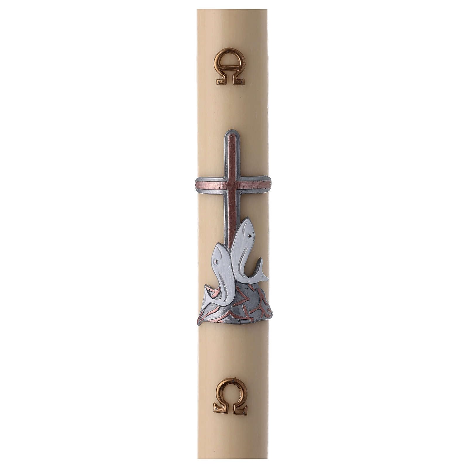 Paschal Candle with Fishes Over Copper Cross, 3x47 in, Beeswax