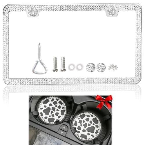 WEDAMER Bling License Plate Frames for Women 1 Pack Sparkly Stainless Steel License Plate Frame Rhinestone Diamond Glitter Bedazzled Sparkle Car License Plate Cover Holder with Bling Cup Coasters