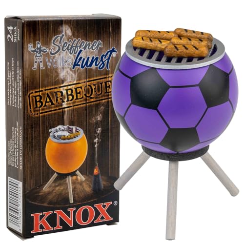 Seiffener Volkskunst | Räucherofen Grillofen | Räucherfigur 10 cm | Grill + Räucherkerzen BBQ | Räuchergrill mit Bratwürsten | lila + Knox