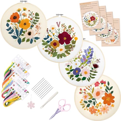 Image of Bonroy Embroidery Kit for Beginners with Instructions,Cross Stitch Kits for Adults with Pattern,Needlepoint Kits for Adult Include Embroidery Cloth Hoops Needles Threads (flowers2)