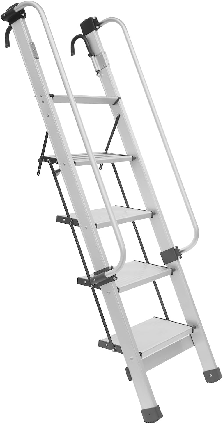 5 Step Aluminum Alloy Bunk Bed Ladder, Foldable Step Ladder Bed Climb Stairs with Removable Handrails, Folding Loft Ladder for Home Dorm RV and Camper, Anti-Slip Wide Treads (5 Step)