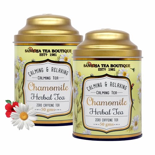 Image of Sancha Tea Boutique, Chamomile Herbal Tisane, Caffeine Free Infusion x Pack of 2 (50gm each), Real Chamomile Flowers, Traditionally Valued for Relaxation & Bedtime Calm