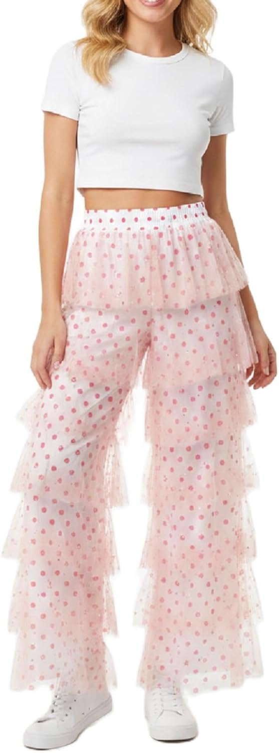 Women Layered Ruffle Tulle Long Pants Polka Tiered High Waist Loose Wide Leg Trousers Mesh Tiered Party Pants