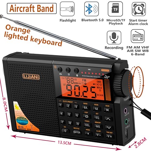 Image of LIJIANI Shortwave Radio AIR /VHF /AM /FM /SW /Weather Bands Transistor with TF Card /Flashlight,Key Backlight, Digital Record, Alarm Clock,Sleep Timer,Powered by AA and Lithium Battery ANT Jack (RD239)