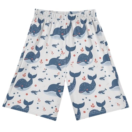 Whale and Grass Sleep Shorts Summer Pajama Shorts Elastic Waist Sleep Bottoms with Pockets 6-14 Years