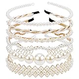 CUBACO 6 PCS Pearl Headband for Women White Headbands for Girl Jeweled Head Bands for Thin Thick Hair Fashion Rhinestone Hairband Bridal Beaded Headpiece Non Slip Hair Accessories for Party Wedding