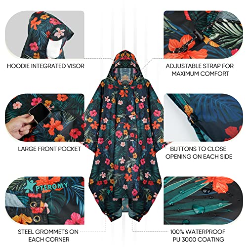 Image of PTEROMY Hooded Rain Poncho for Adult, Waterproof Lightweight Unisex Raincoat for Hiking Camping Emergency