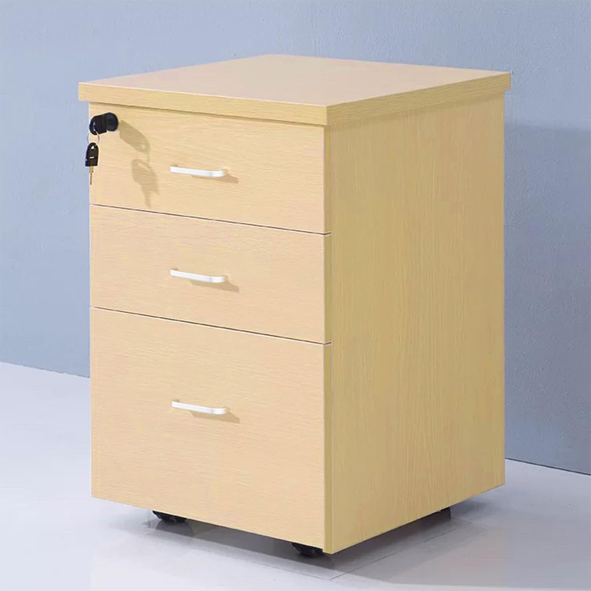 ALLSOLA Mobile File Cabinet with 3 Drawers, Lockable Storage Unit Wooden Rolling Office Filing Cabinet with Wheels, Durable Storage Cabinet for Legal/Letter/A4 Sized Documents Home Office (Oak Color)