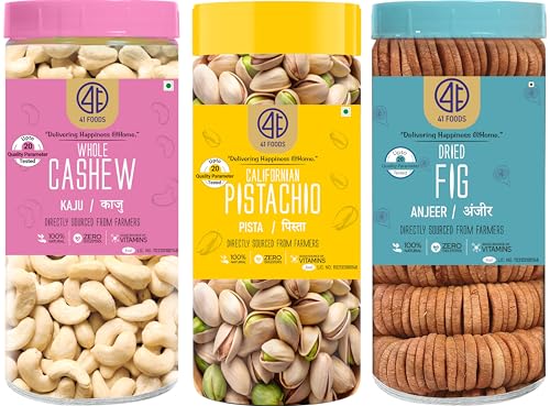 Image of 41 FOODS Premium Dry Fruits and Nuts Combo of Healthy Fresh Cashews Pistachios Figs Nutritious Delicious Crunchy Pista Kaju Anjeer 200Gm X 3 600Grams