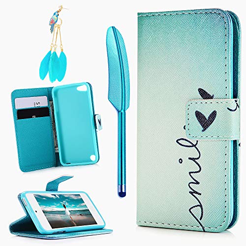 iPod Touch 5 Case, Touch 6 Case, Stand Wallet Purse Credit Card ID Holders Magnetic Smile Love Bule Sky Design PU Leather Ultra Slim Fit Flip Folio Cover for iPod Touch 5/6