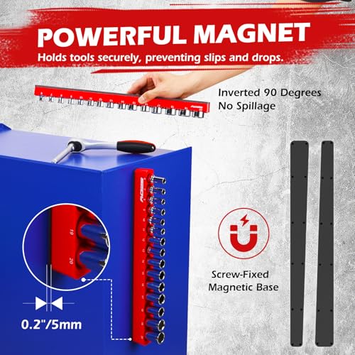 2-Piece 3/8"-Drive Metric Magnetic Socket Organizer Set (Holds 30 Sockets) - Detachable Tool Tray with 5mm Magnetic Base, Screw-Fixed Design & Heavy-Duty Modular Storage for Garage/Home Workshop