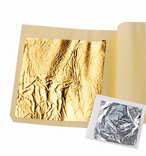 Genuine 24 Karat Edible Gold Leaf Sheets by Ian's Choice (15pc 3.15X3.15 Inch with 10 Bonus Silver Sheets) Elevate Cake Decorations, Gilding Desserts, Gold Glitter Dust Flakes