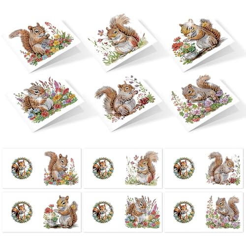 Image of AiYuanzsh 6 Pack Diamond Painting Greeting Cards with Envelopes, DIY 5D Diamond Art Card Kit Featuring Cute Squirrels, 30x15cm Handmade Rhinestone Cards Crafts for Greetings and Seasonal Wishes