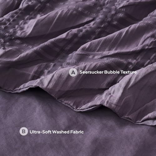 Image of JELLYMONI Seersucker Duvet Cover Set Queen, 3pcs Purple-Grid Polyester | In Master Bedroom, Couples Pick, Crinkled Texture, Oeko-Tex Certified, 8 Corner Ties & Hidden Zipper