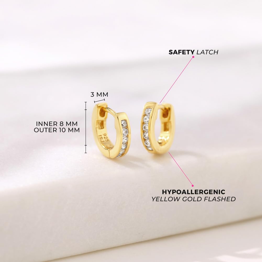 925 Sterling Silver Clear Cubic Zirconia Small Hoop Huggie Earrings For Girls & Young Teens 10mm- Elegant Yellow Gold Flashed 925 Sterling Silver Gift For Any Special Moments - Image 4