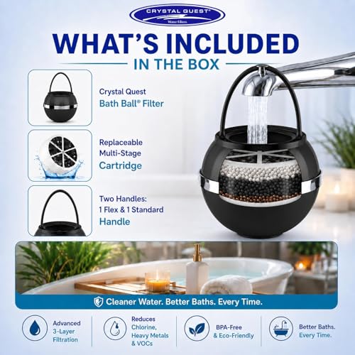 Image of Crystal Quest Bath Ball Filter for Tub Faucet, Bathtub Water Filter, BPA-Free Bathtub Filter, Removes Chlorine, Lead & Impurities, Improves Skin, Hair & Nails, with Extra Cartridge - Black
