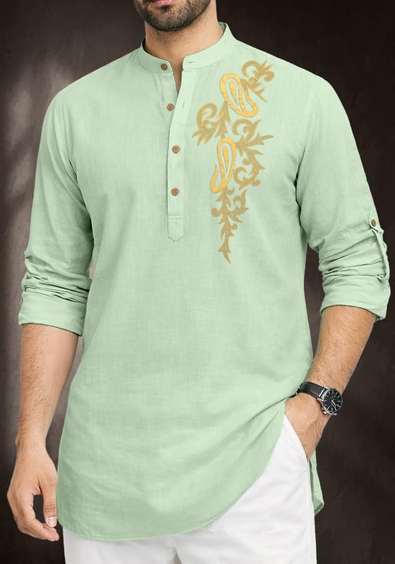 Image of Cotton Blend Self Design Printed Casual Short Kurta for Men Long Sleeve Mandarin Collar Stylish Kurta Shirt for Men