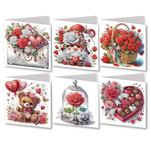 JJFox 6 Packs DIY 5D Diamond Painting Cards Kits for Adults，Special Shaped Rhinestone，Diamond Art Greeting Cards Gem Art Cards，Thank You Cards Blessing Gift for Women, Men, Mom, Grandma (Love-2)